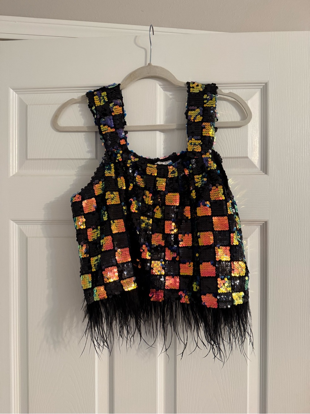 Black Sequin Checkered Top with Multicolor Accents